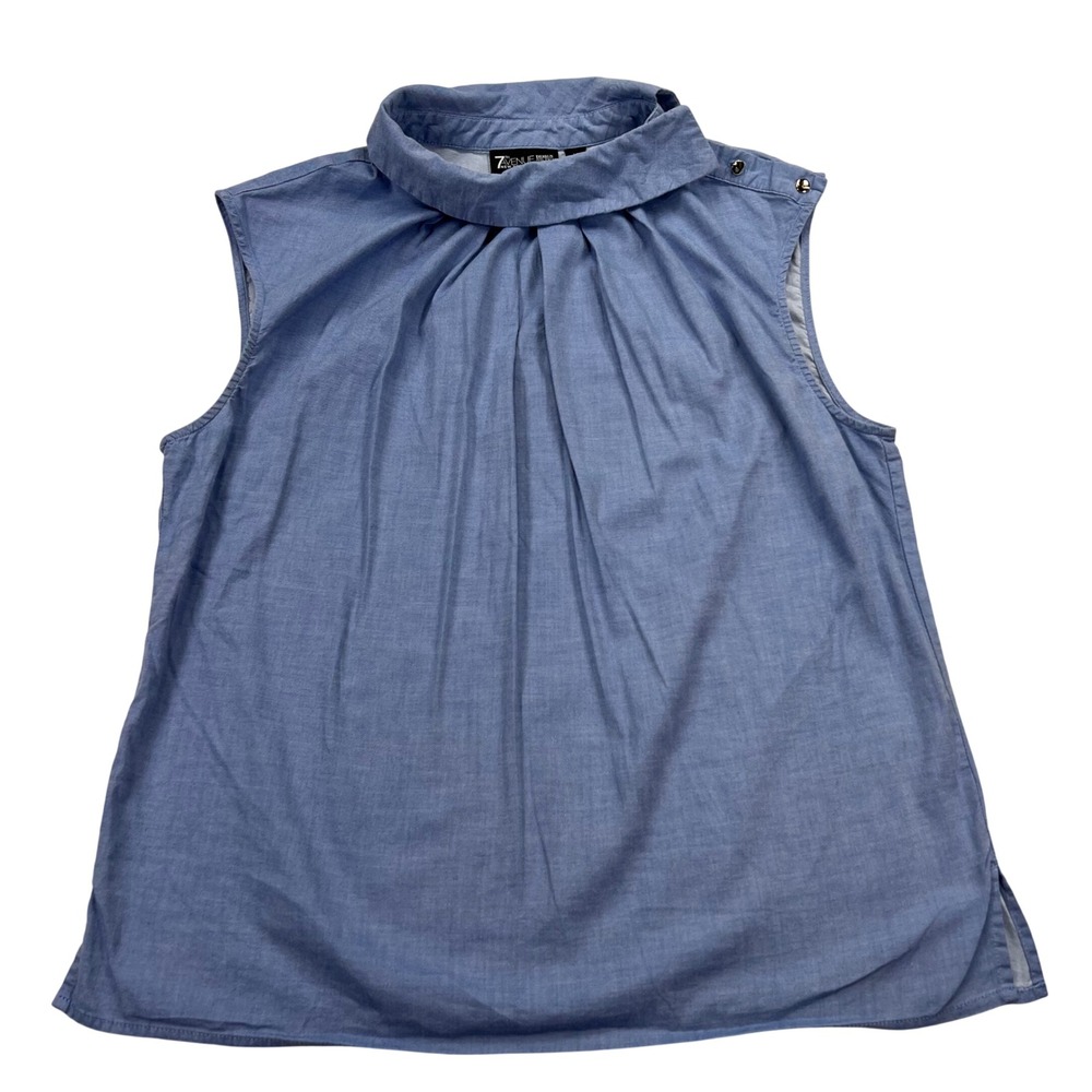 New York & Company Sleeveless Blonde L Blue Pleated Mock Button Neck Chambray